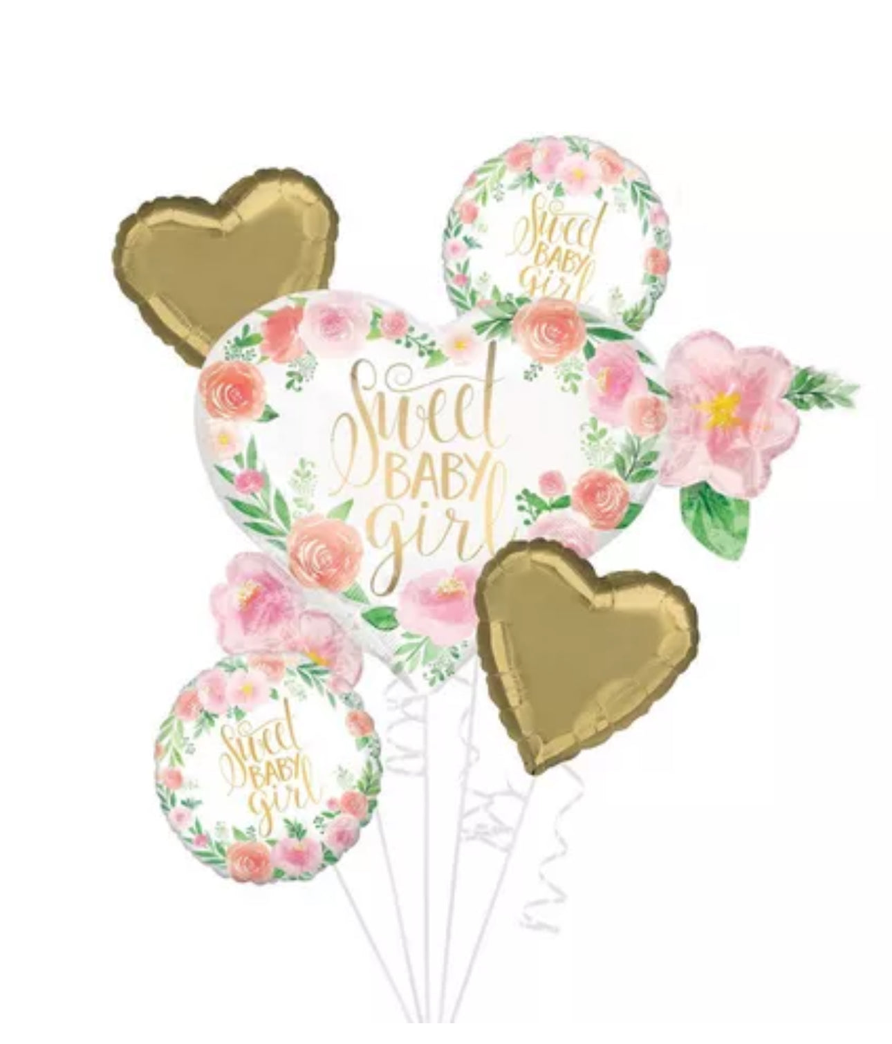 Floral Sweet Baby Girl Baby Shower Foil Balloon Bouquet, 5pc